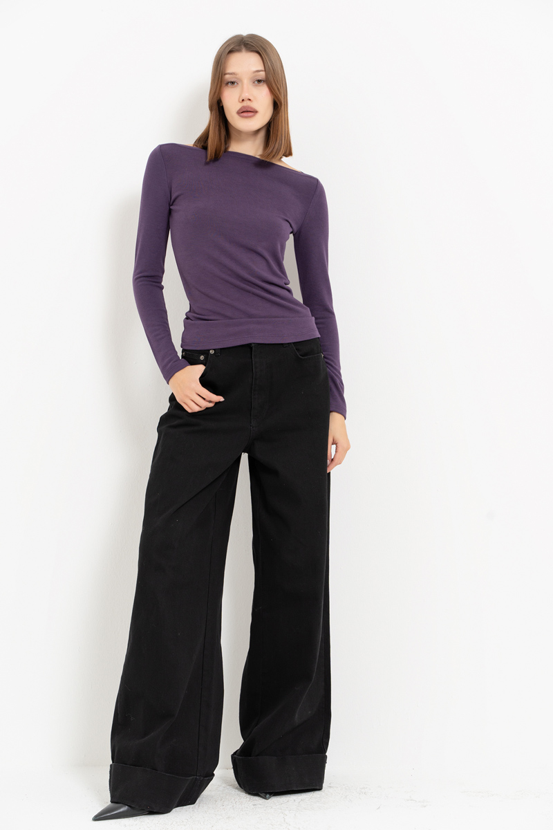 Light Purple Boat-Neck Long-Sleeve Top