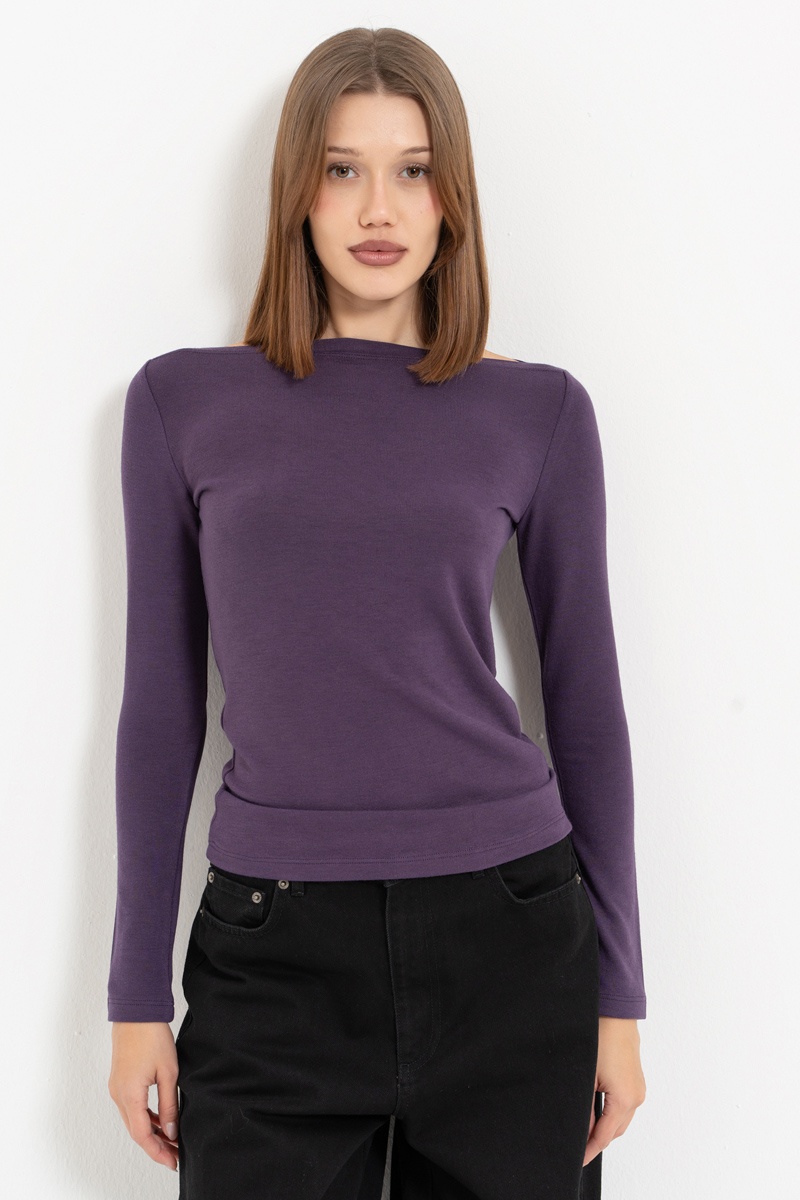 Light Purple Boat-Neck Long-Sleeve Top