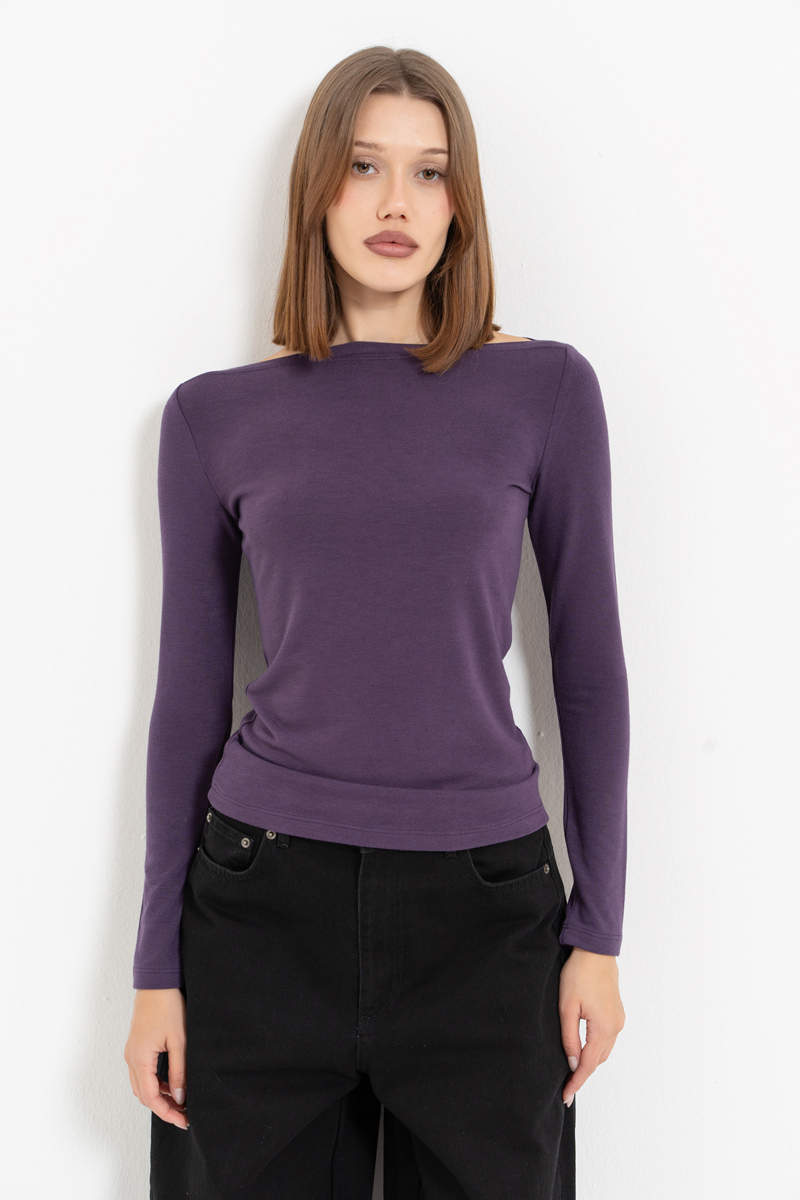 Light Purple Boat-Neck Long-Sleeve Top