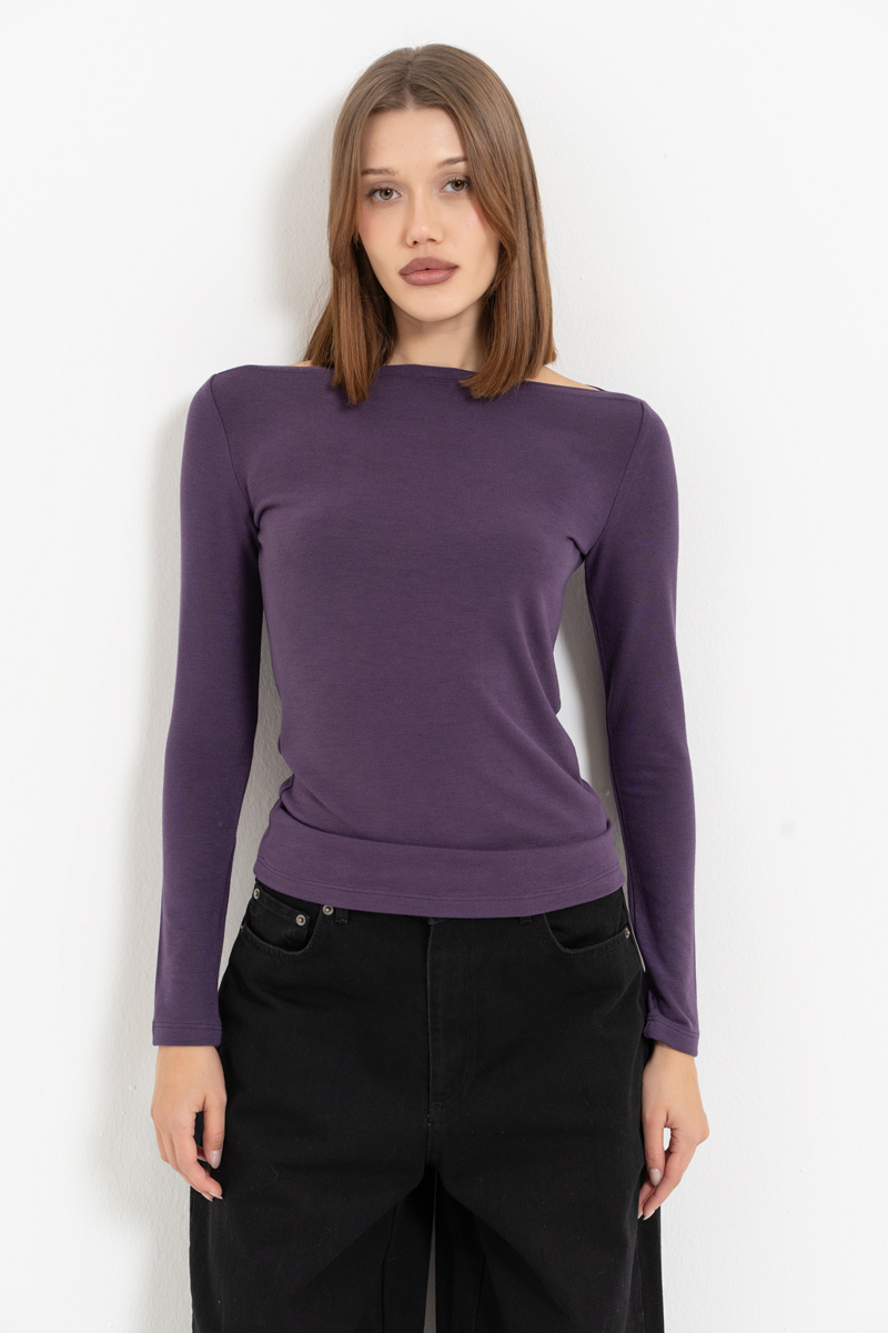 Light Purple Boat-Neck Long-Sleeve Top