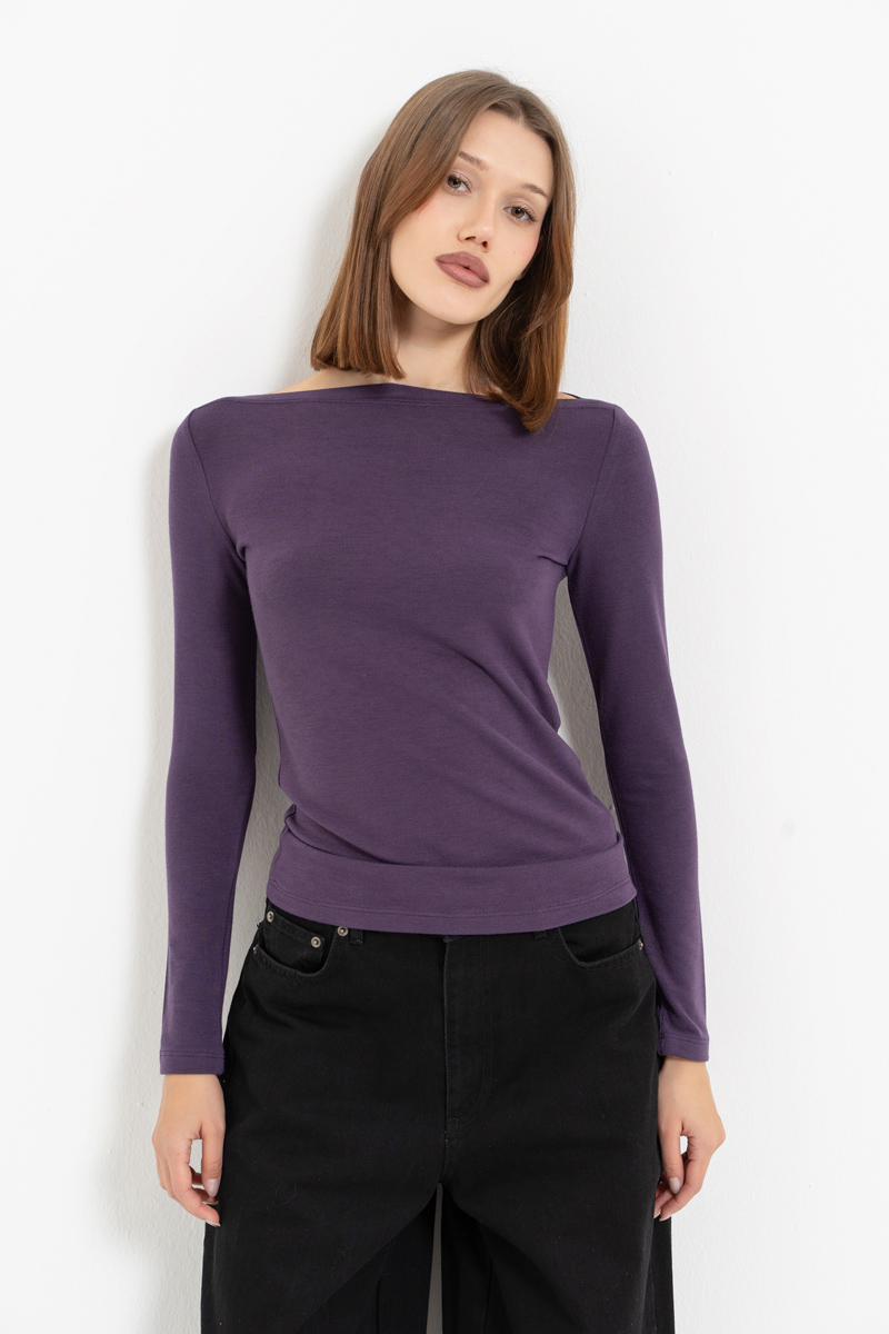 Light Purple Boat-Neck Long-Sleeve Top