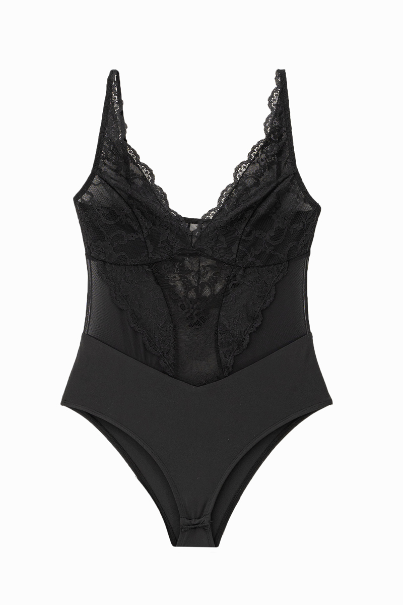 Siyah Askılı Dantelli Çıtçıtlı Bodysuit