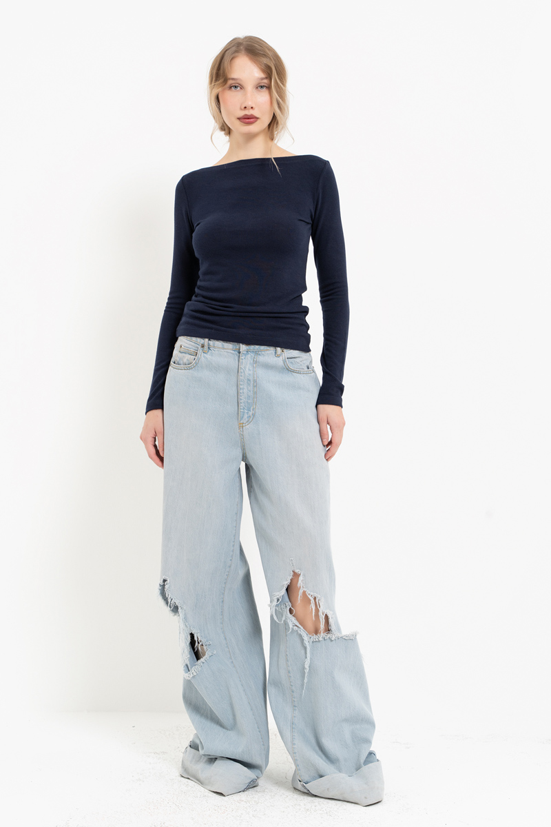Navy Boat-Neck Long-Sleeve Top