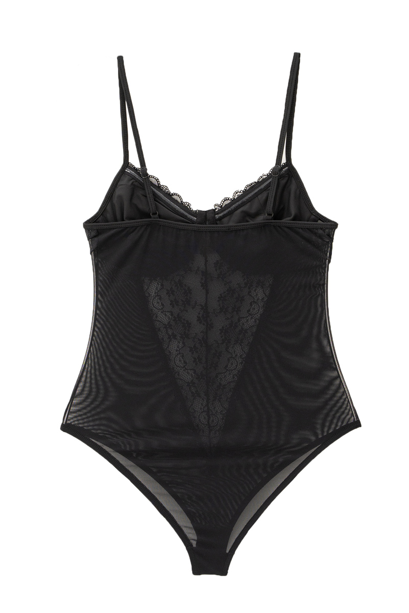 Siyah Askılı Çıtçıtlı Dantel Bodysuit