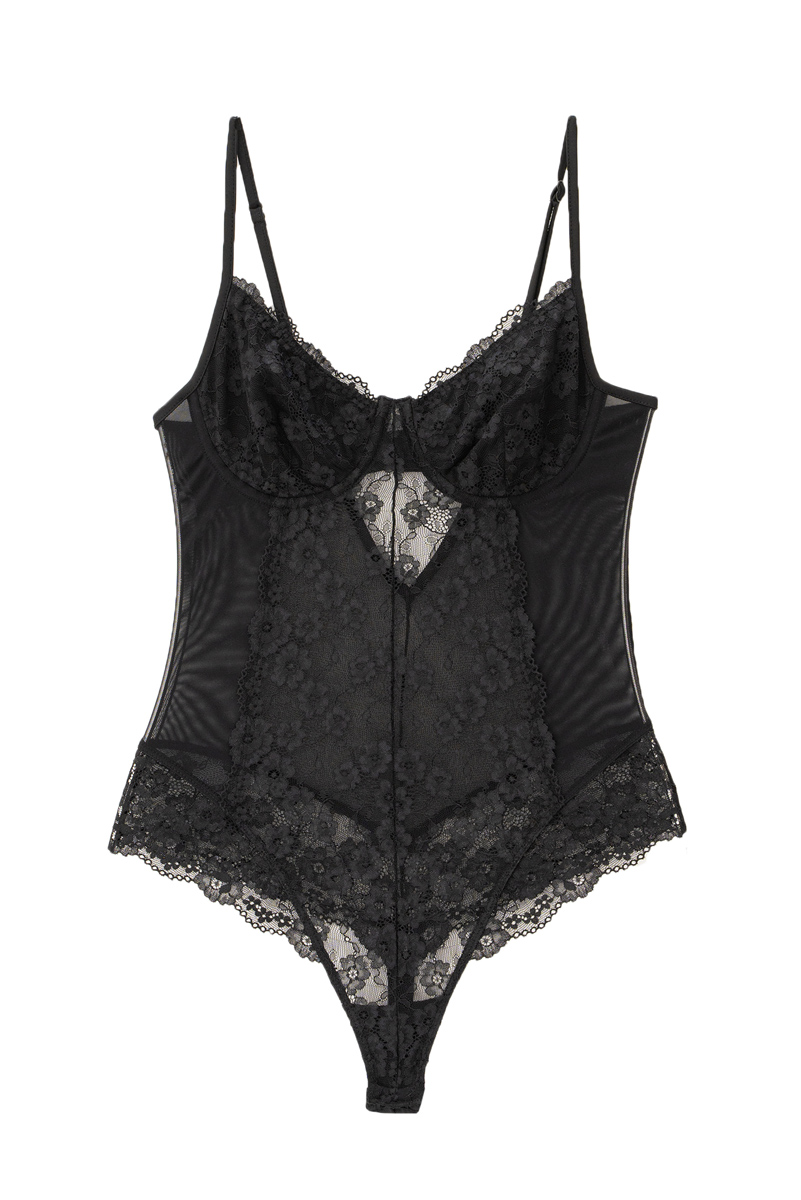 Siyah Dantelli Çıtçıtlı G-String Bodysuit