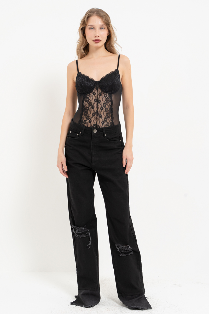 Siyah Dantelli Çıtçıtlı G-String Bodysuit