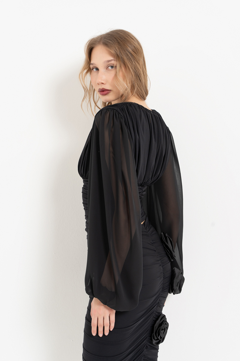 Siyah V Yaka Şifon Kollu Bluz