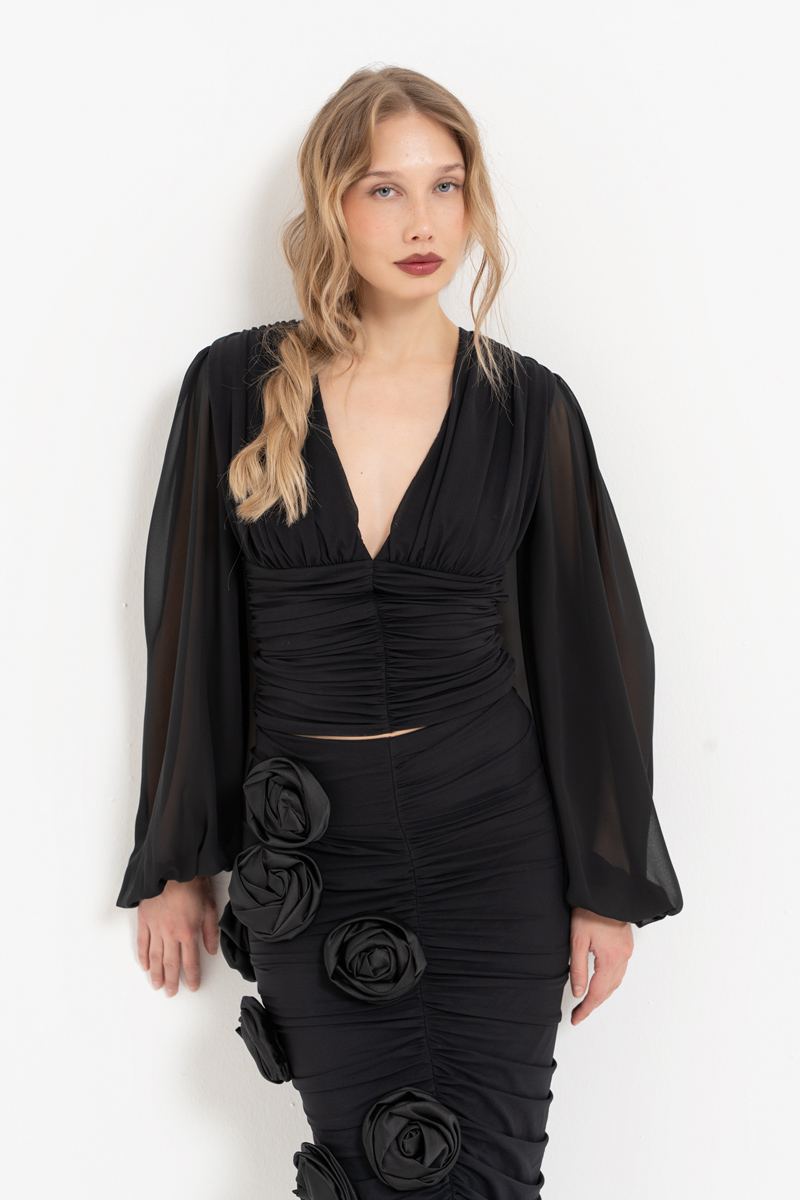 Siyah V Yaka Şifon Kollu Bluz