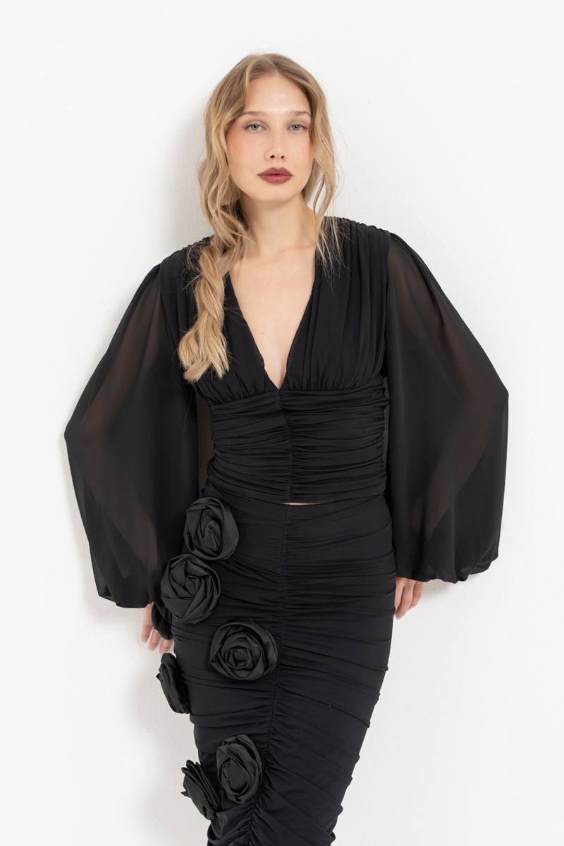 Siyah V Yaka Şifon Kollu Bluz