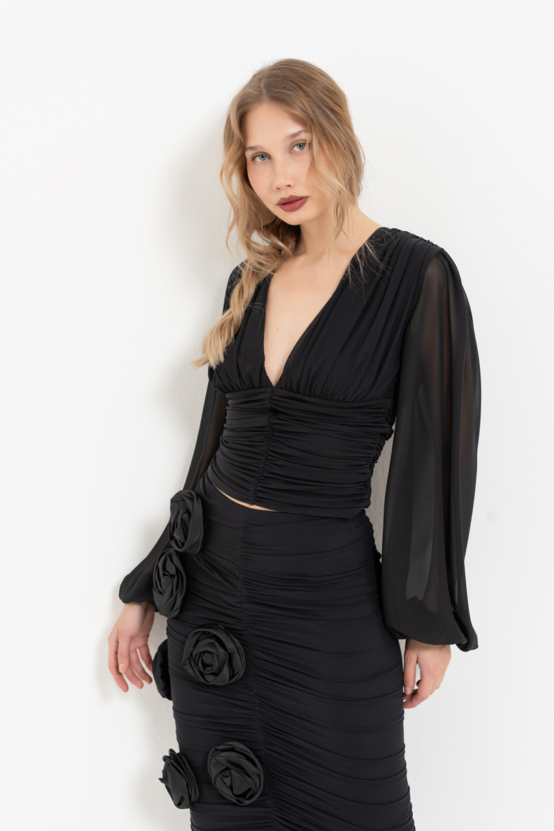 Siyah V Yaka Şifon Kollu Bluz
