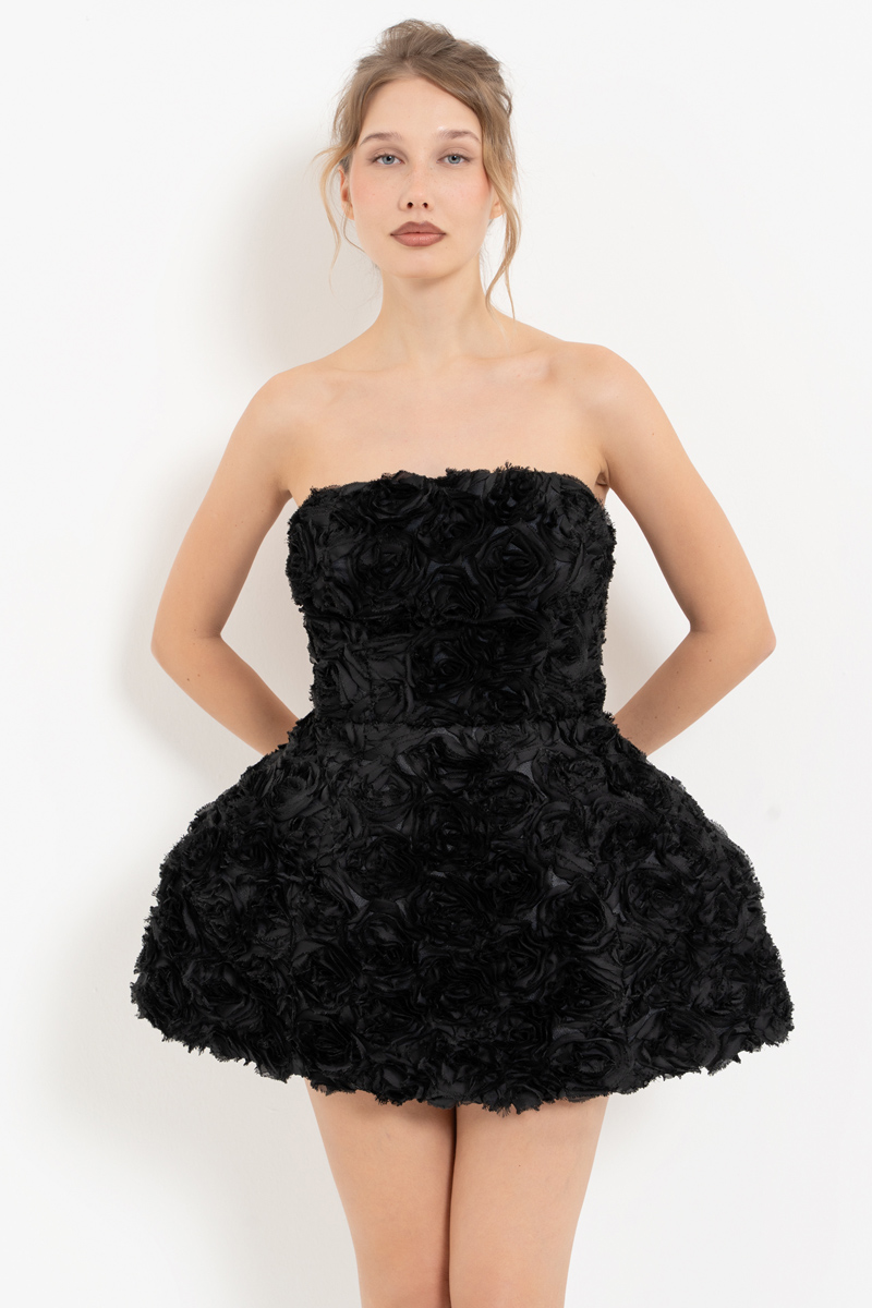 Siyah Straplez Güllü Mini Elbise