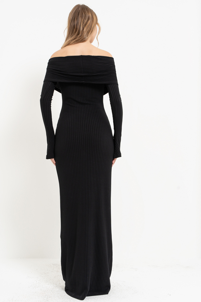 Siyah Madonna Yaka Uzun Kollu Elbise