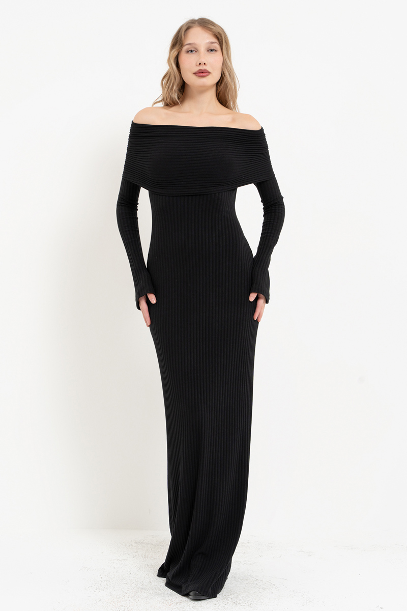 Siyah Madonna Yaka Uzun Kollu Elbise