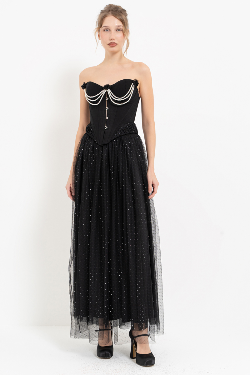 Siyah-Gümüş İnci Detaylı Büstiyer & Uzun Tül Etek Takım