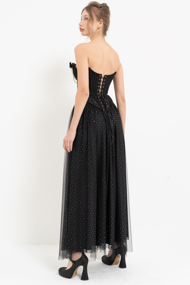 Siyah-Gümüş İnci Detaylı Büstiyer & Uzun Tül Etek Takım