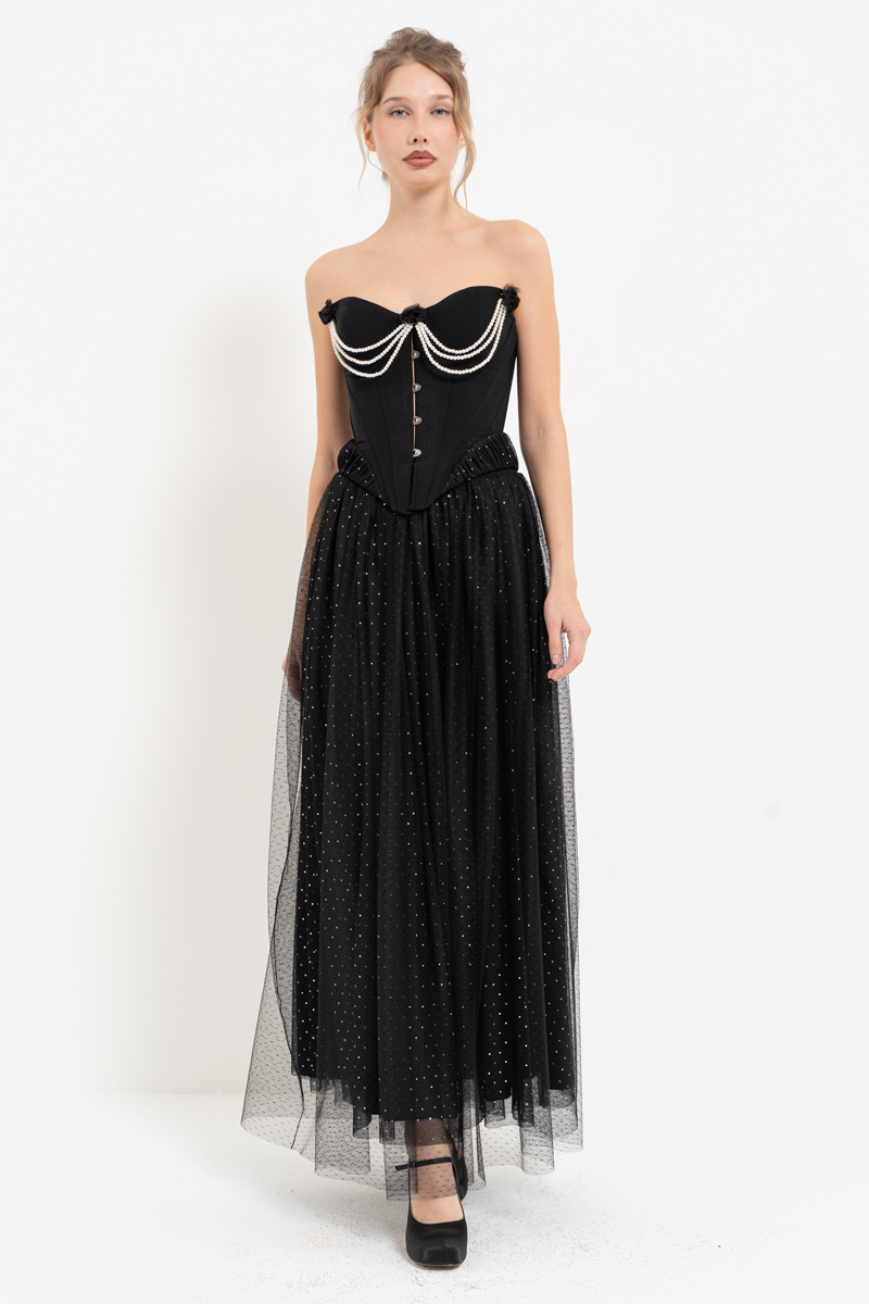 Siyah-Gümüş İnci Detaylı Büstiyer & Uzun Tül Etek Takım