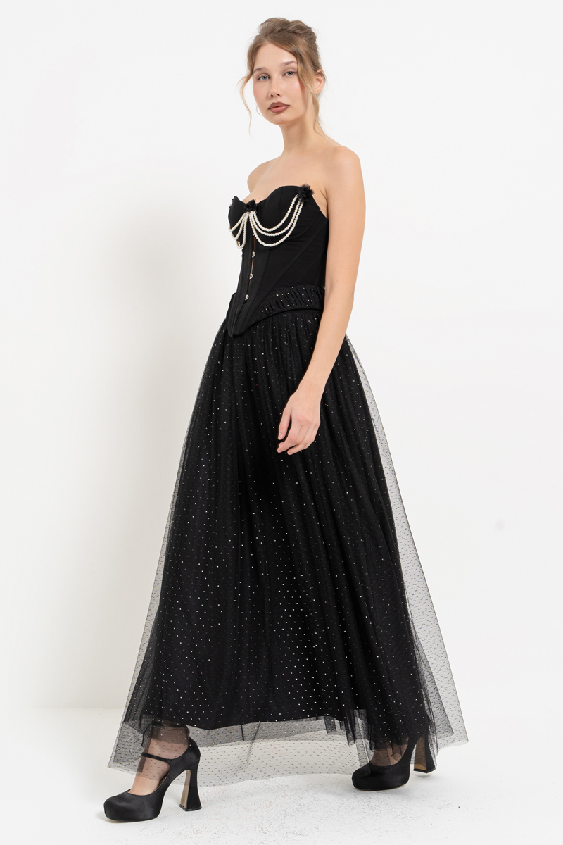 Siyah-Gümüş İnci Detaylı Büstiyer & Uzun Tül Etek Takım