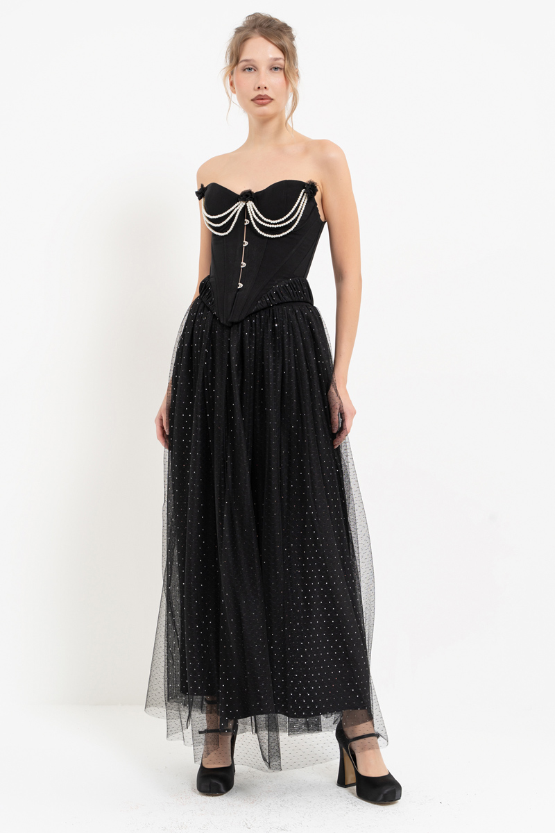 Siyah-Gümüş İnci Detaylı Büstiyer & Uzun Tül Etek Takım