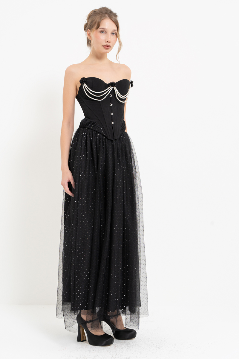 Siyah-Gümüş İnci Detaylı Büstiyer & Uzun Tül Etek Takım