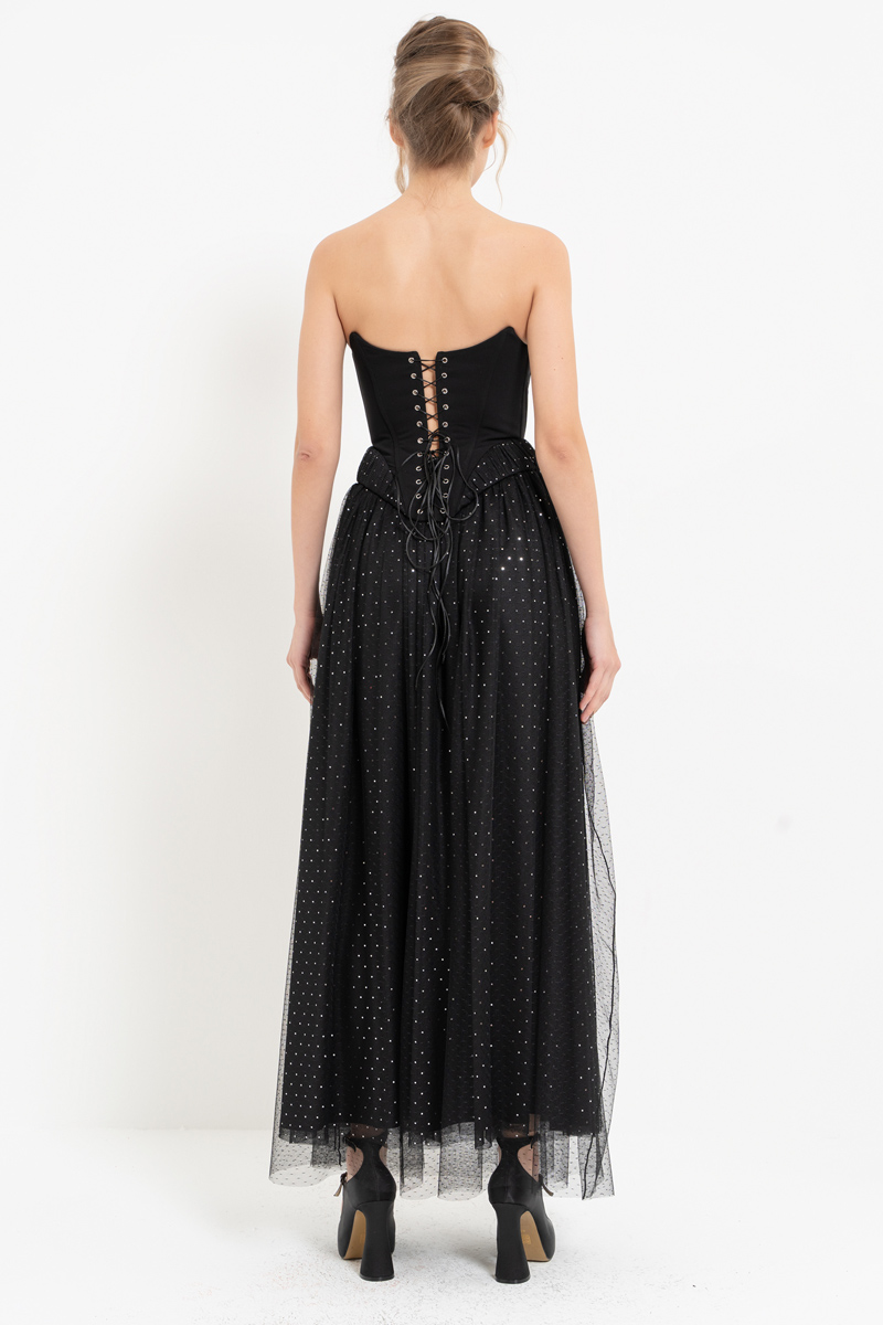 Siyah-Gümüş İnci Detaylı Büstiyer & Uzun Tül Etek Takım