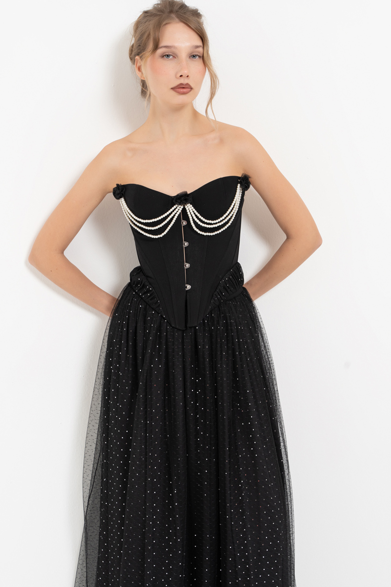 Siyah-Gümüş İnci Detaylı Büstiyer & Uzun Tül Etek Takım