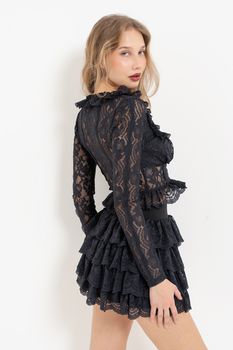 Siyah Önü Çapraz Bağlamalı Dantel Bluz & Mini Etek Takım