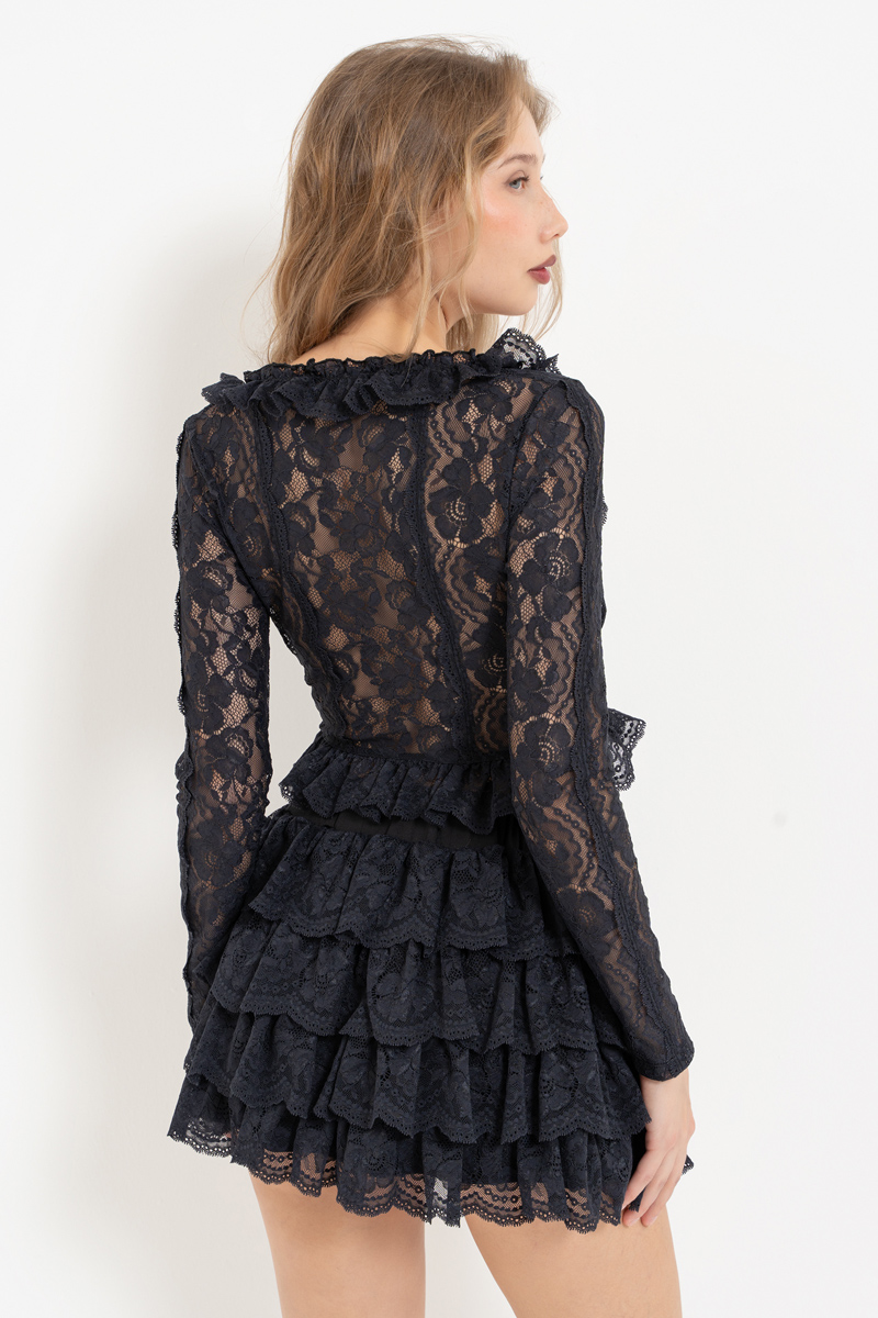 Siyah Önü Çapraz Bağlamalı Dantel Bluz & Mini Etek Takım