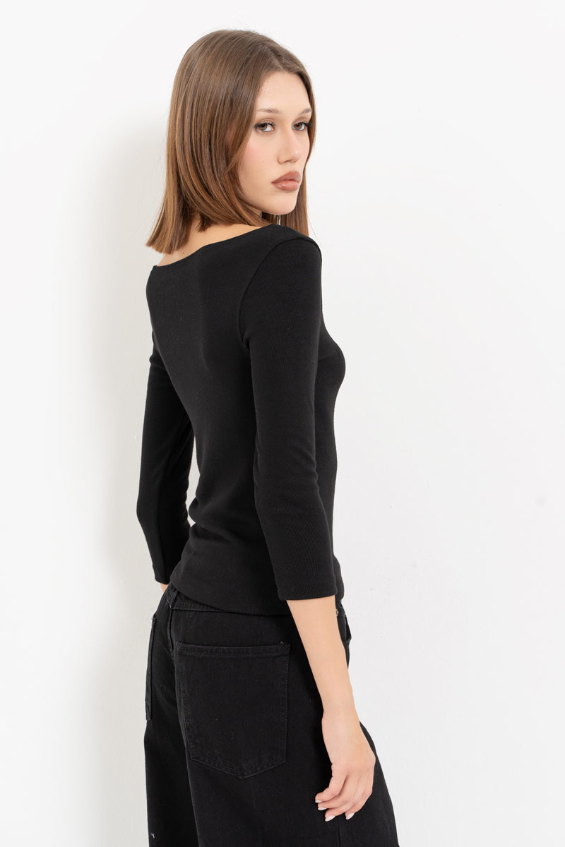 Black Long-Sleeve Boat-Neck Top