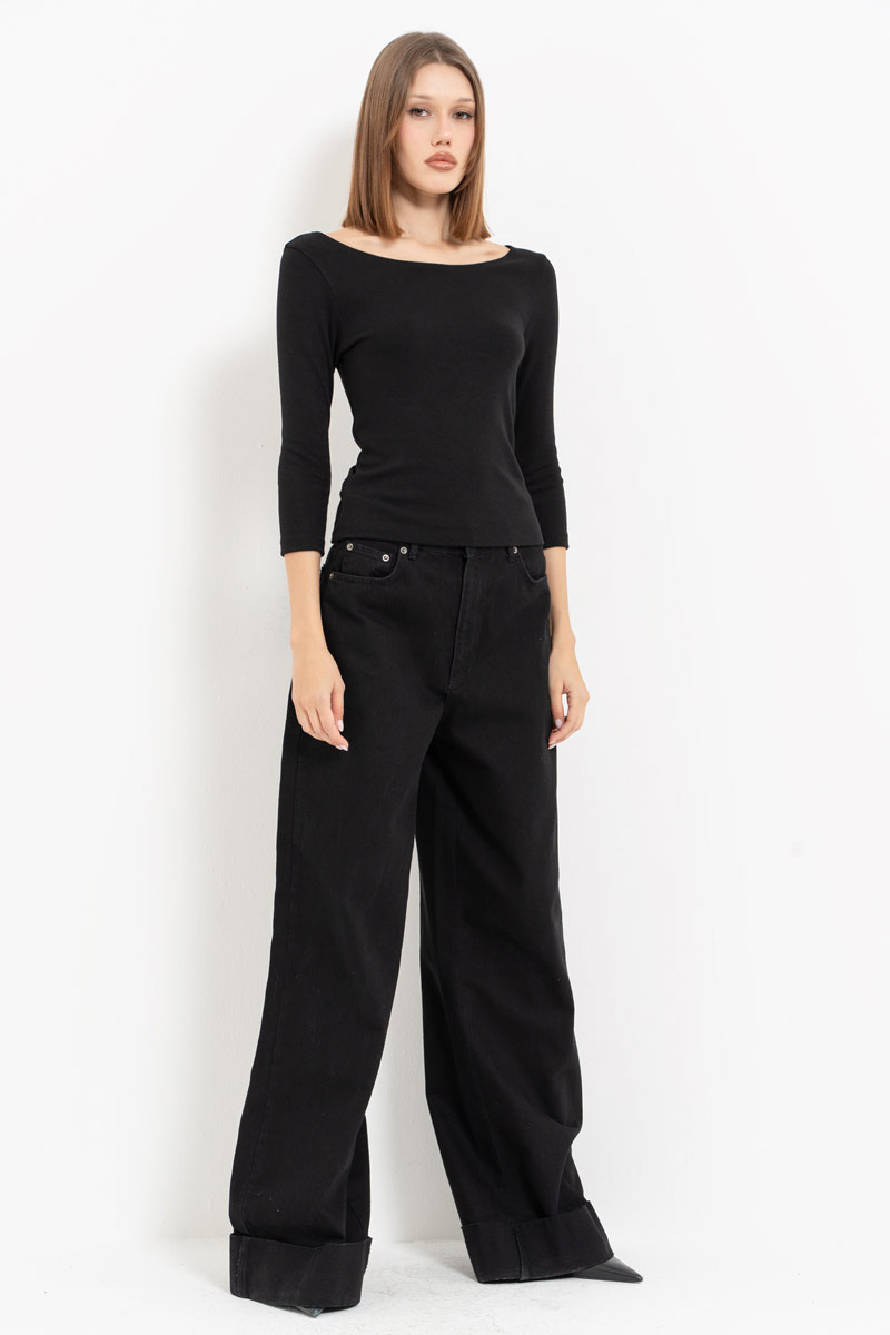 Black Long-Sleeve Boat-Neck Top