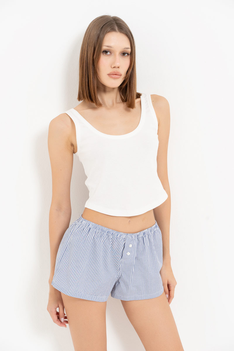 Blue-Offwhite Striped Mini Shorts with Elasticated Waist