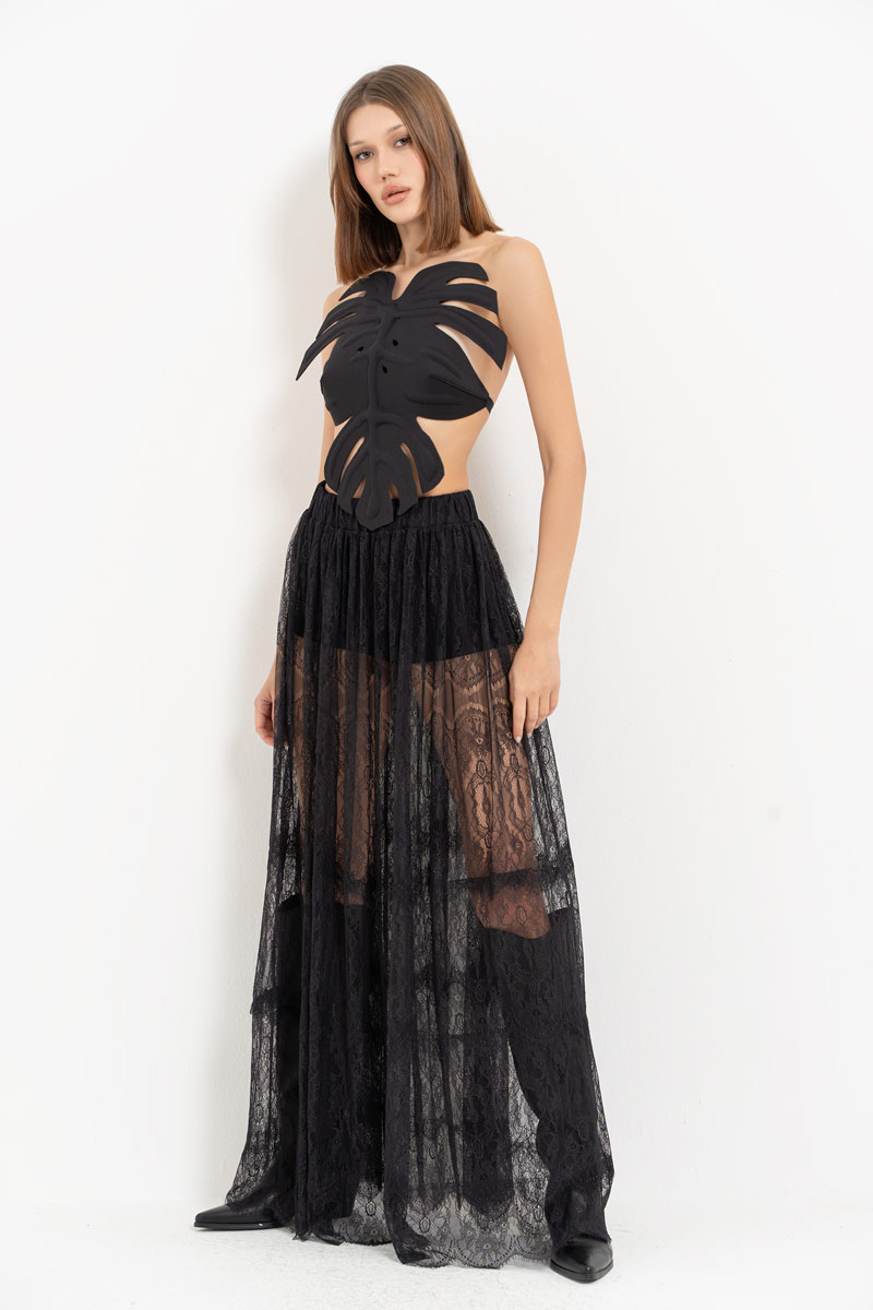 Siyah Beli Lastikli Uzun Dantel Etek