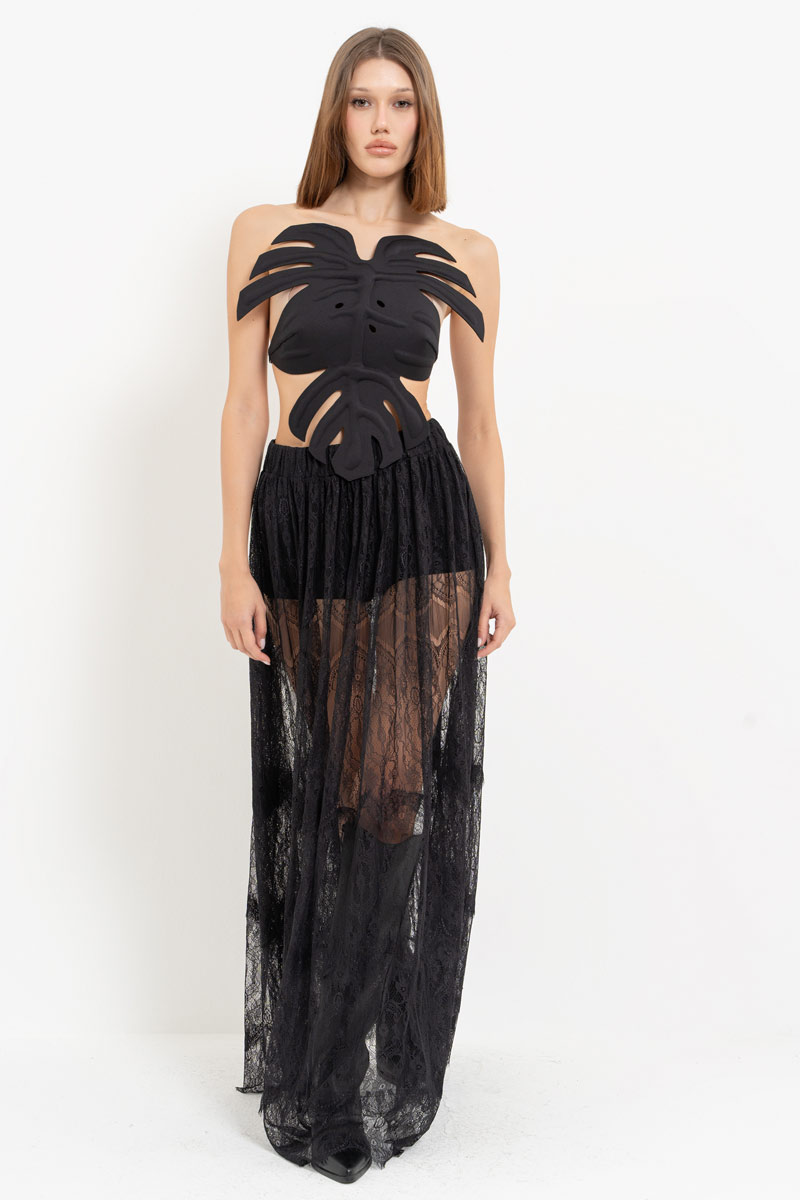 Siyah Beli Lastikli Uzun Dantel Etek