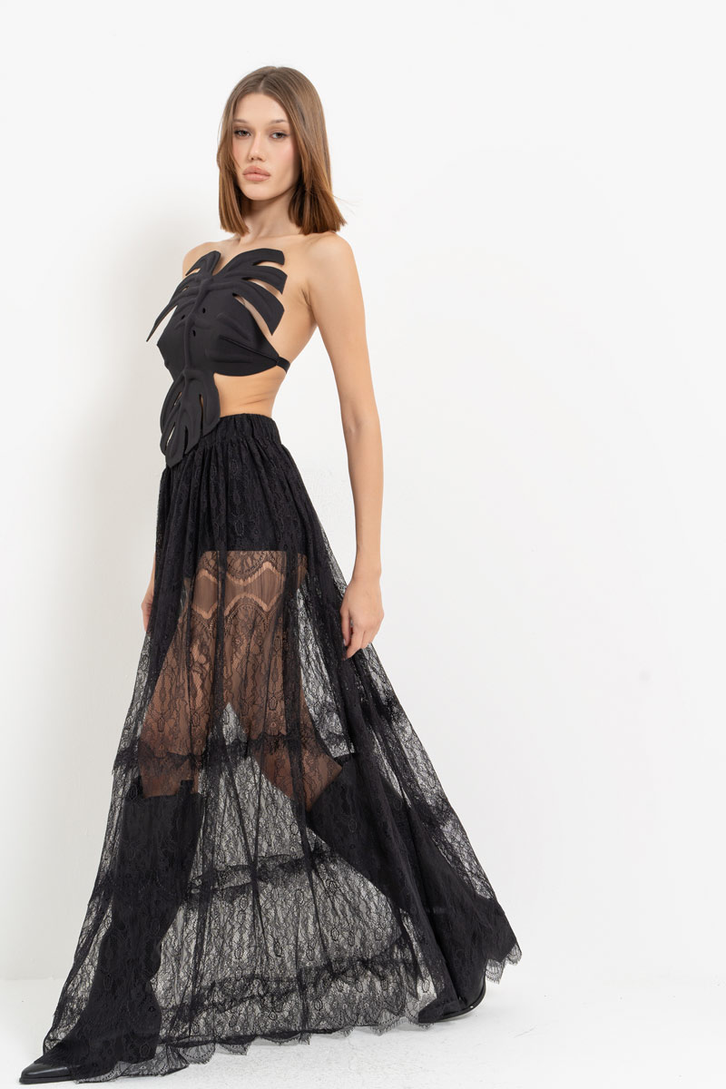 Siyah Beli Lastikli Uzun Dantel Etek