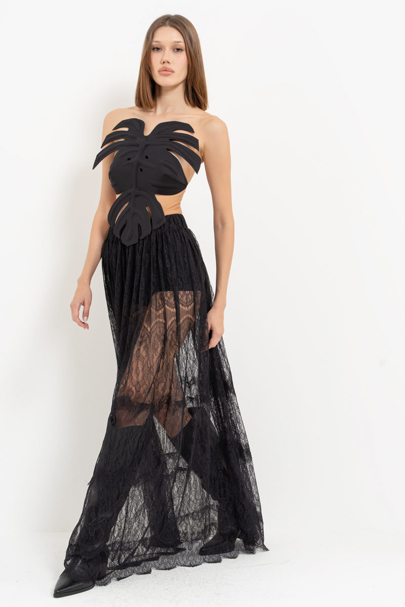 Siyah Beli Lastikli Uzun Dantel Etek