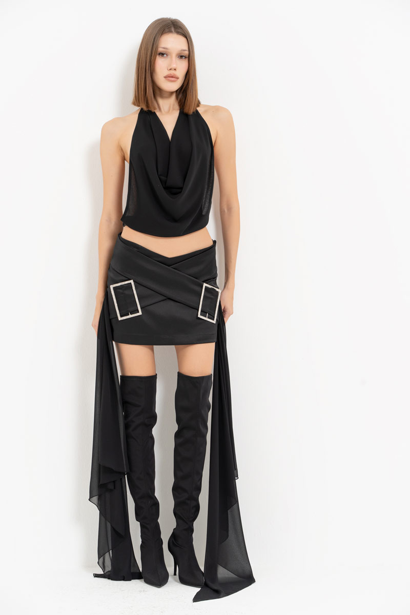 Siyah Degaje Yaka Büstiyer & Taşlı Kemer Tokalı Mini Etek Takım