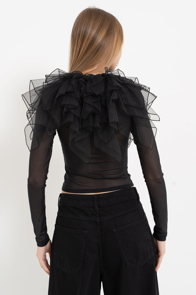 Siyah Uzun Kollu Volan Detaylı Tül Bluz