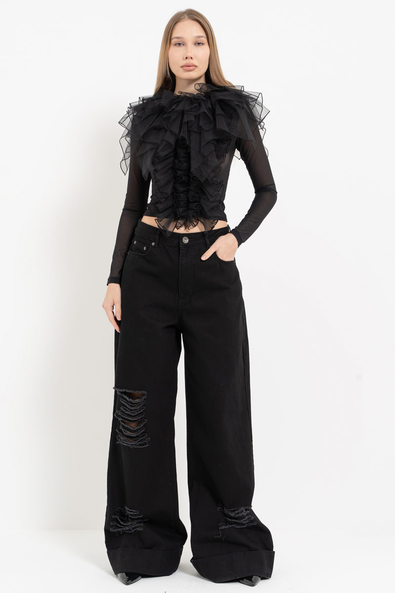 Siyah Uzun Kollu Volan Detaylı Tül Bluz