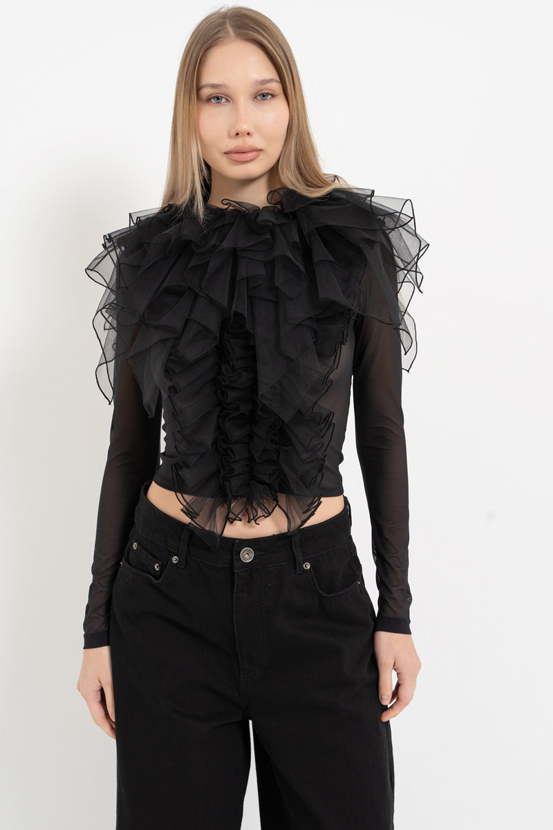Siyah Uzun Kollu Volan Detaylı Tül Bluz