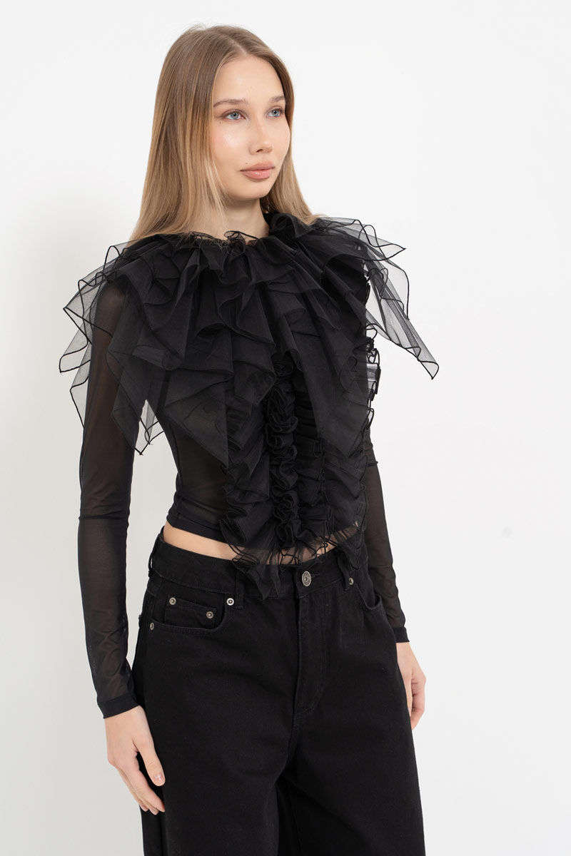 Siyah Uzun Kollu Volan Detaylı Tül Bluz
