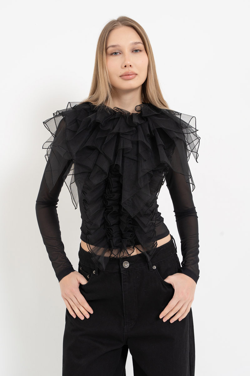 Siyah Uzun Kollu Volan Detaylı Tül Bluz