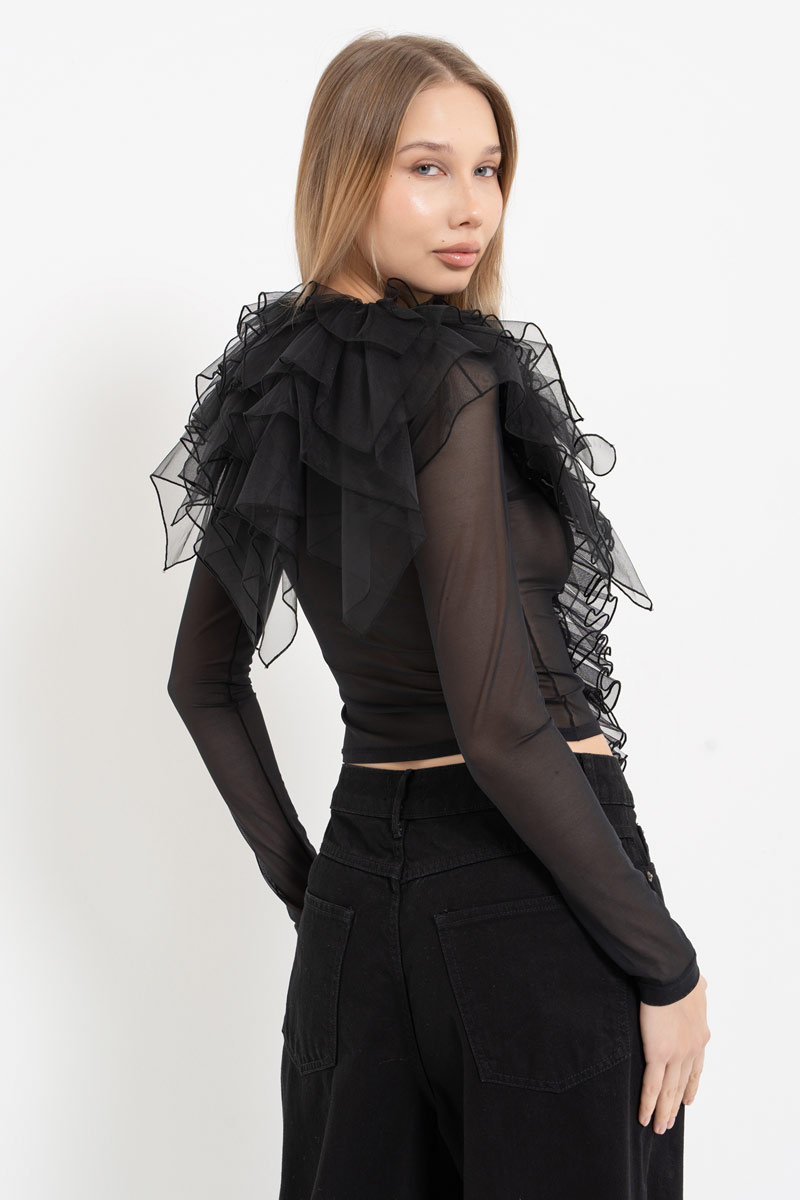 Siyah Uzun Kollu Volan Detaylı Tül Bluz