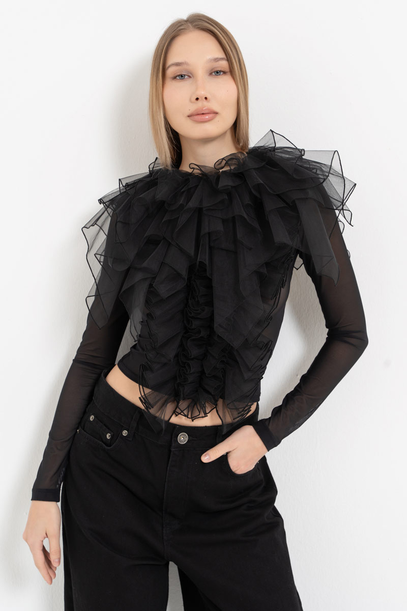 Siyah Uzun Kollu Volan Detaylı Tül Bluz