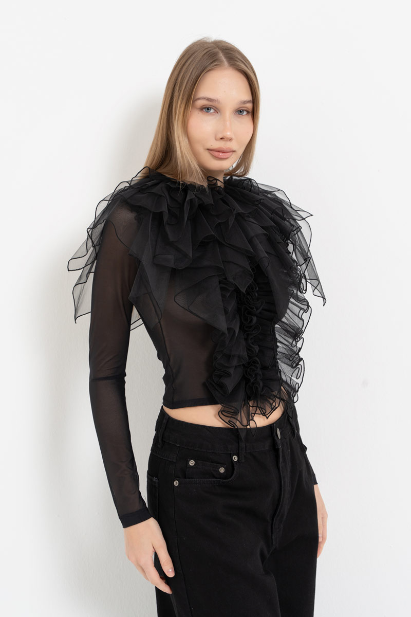 Siyah Uzun Kollu Volan Detaylı Tül Bluz