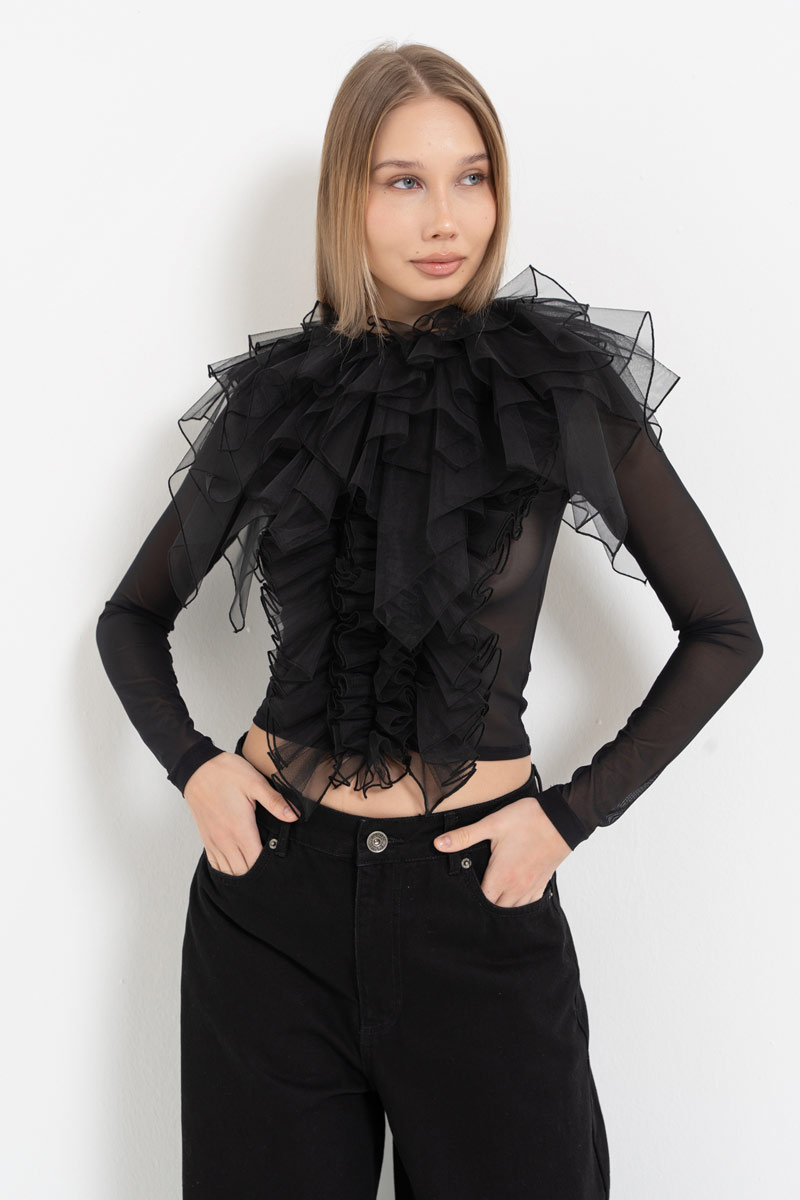Siyah Uzun Kollu Volan Detaylı Tül Bluz