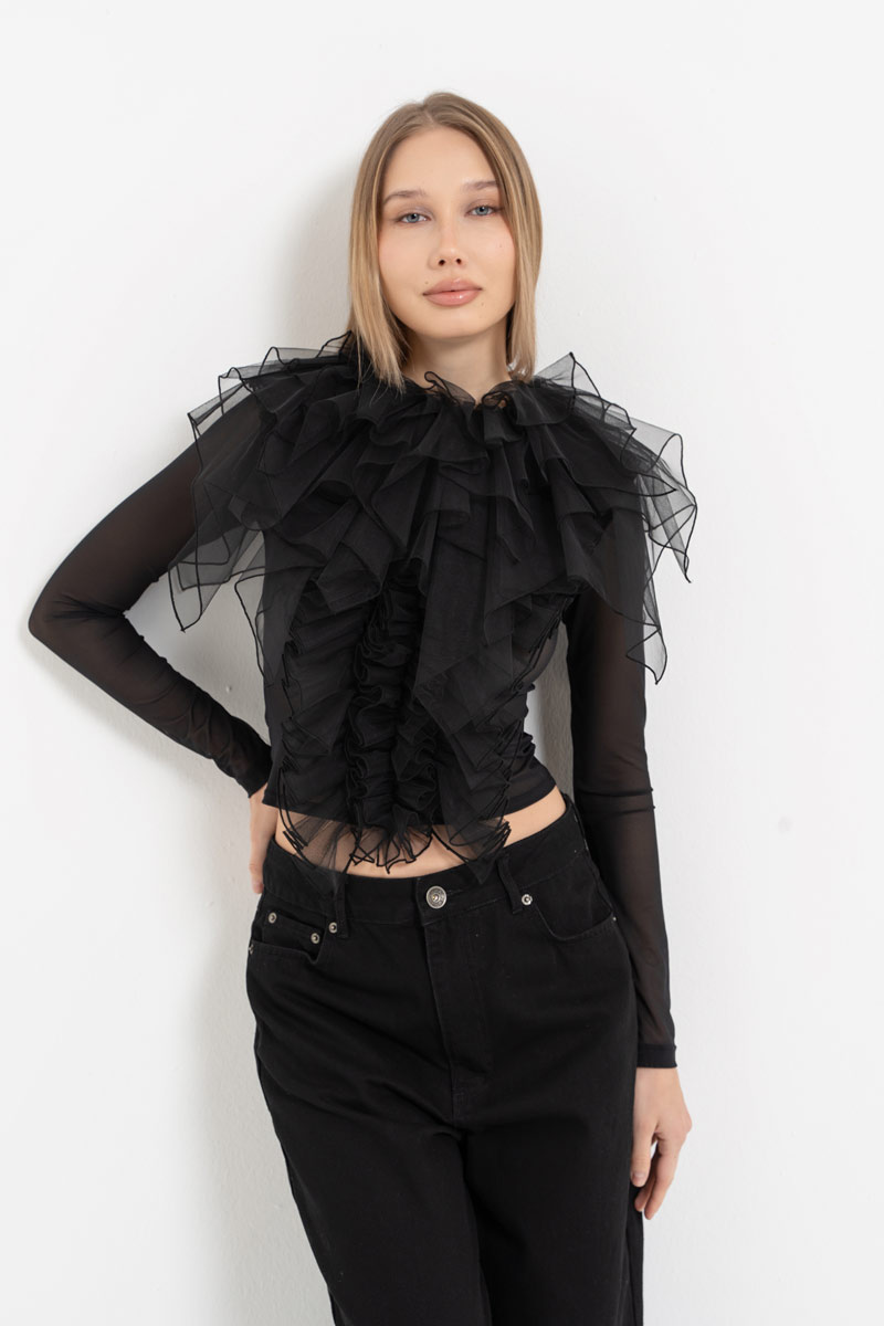 Siyah Uzun Kollu Volan Detaylı Tül Bluz