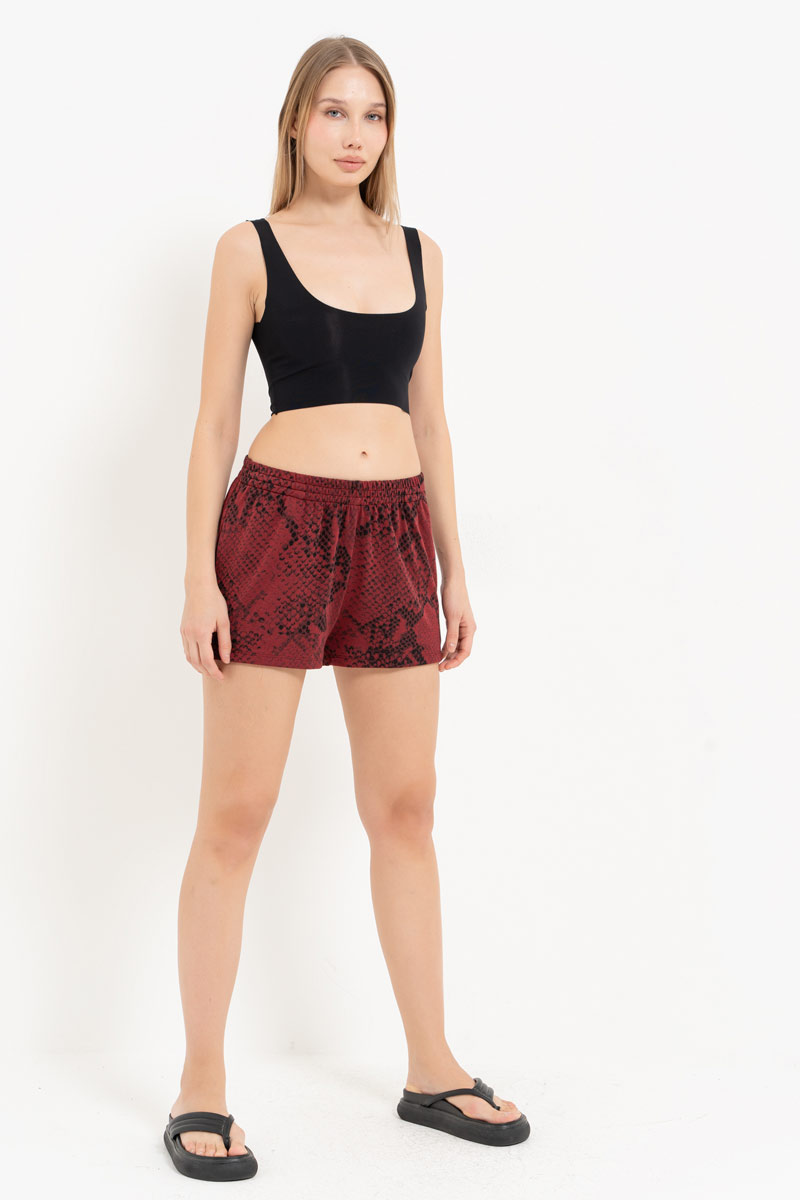 Bordeaux & Black Snake Elasticated-Waist Printed Shorts with Pockets