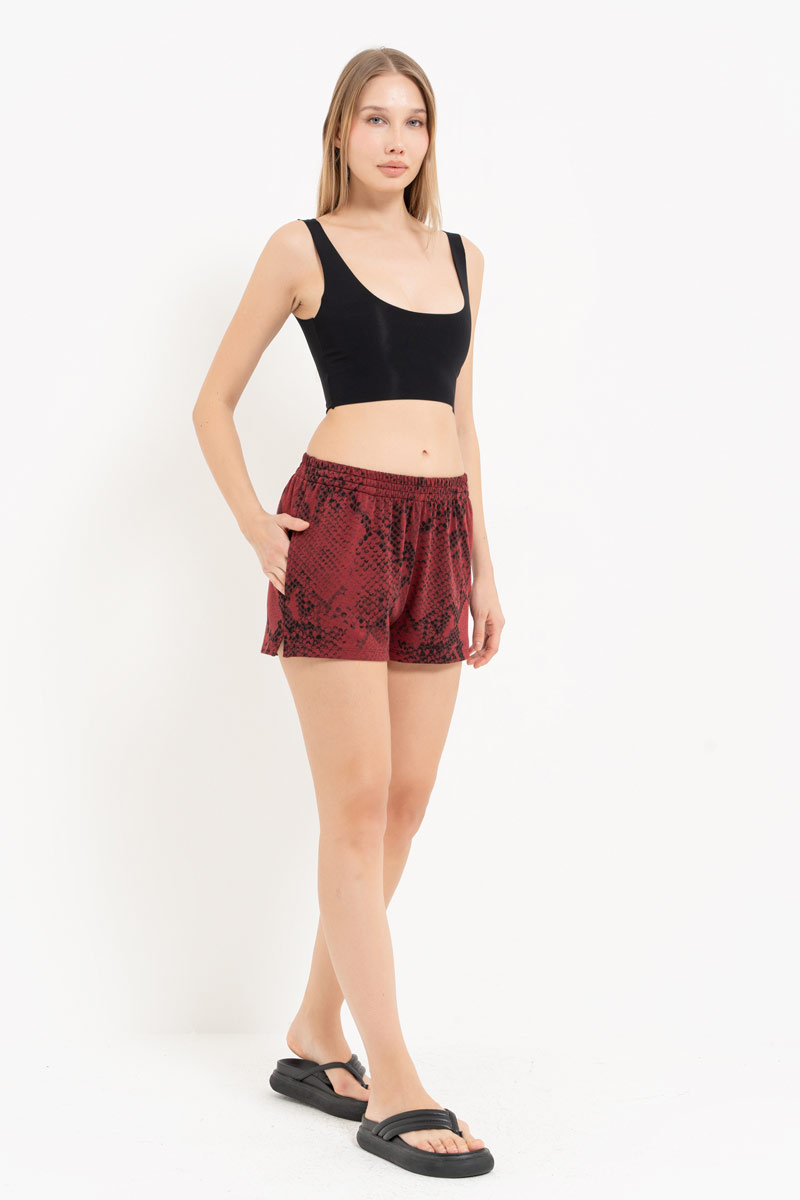 Bordeaux & Black Snake Elasticated-Waist Printed Shorts with Pockets