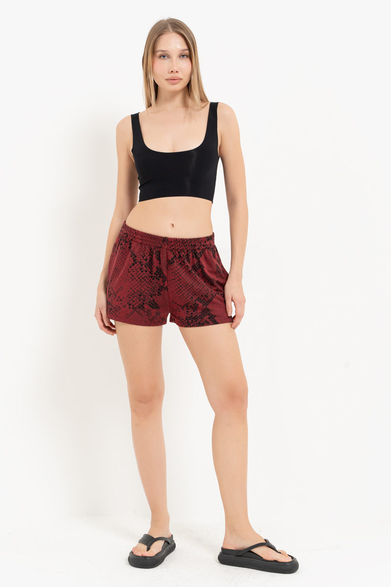 Bordeaux & Black Snake Elasticated-Waist Printed Shorts with Pockets
