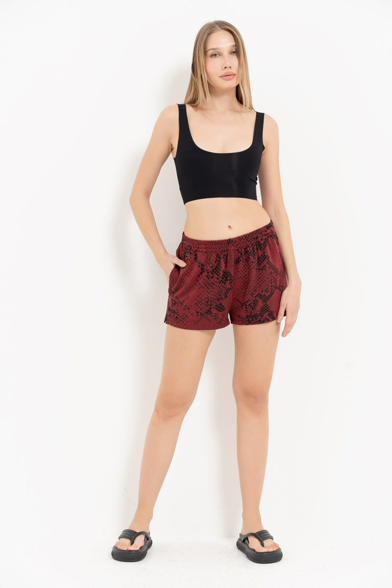 Bordeaux & Black Snake Elasticated-Waist Printed Shorts with Pockets