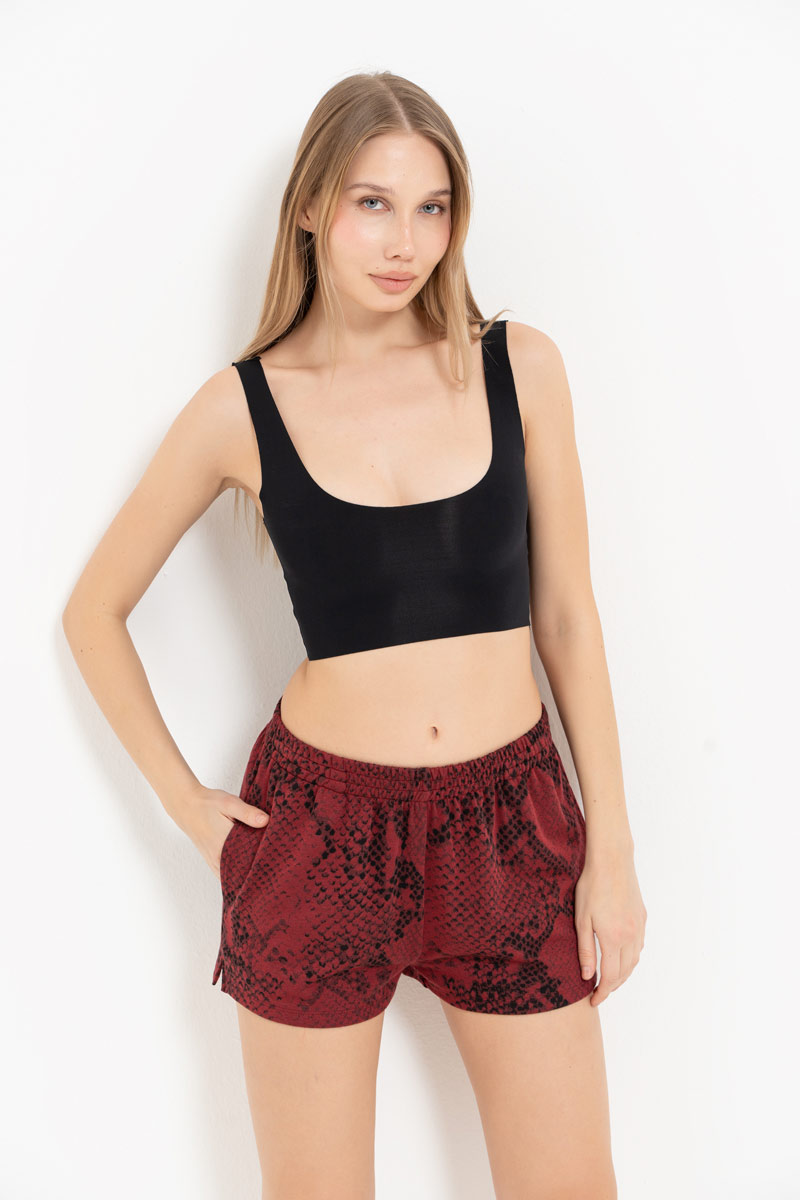 Bordeaux & Black Snake Elasticated-Waist Printed Shorts with Pockets